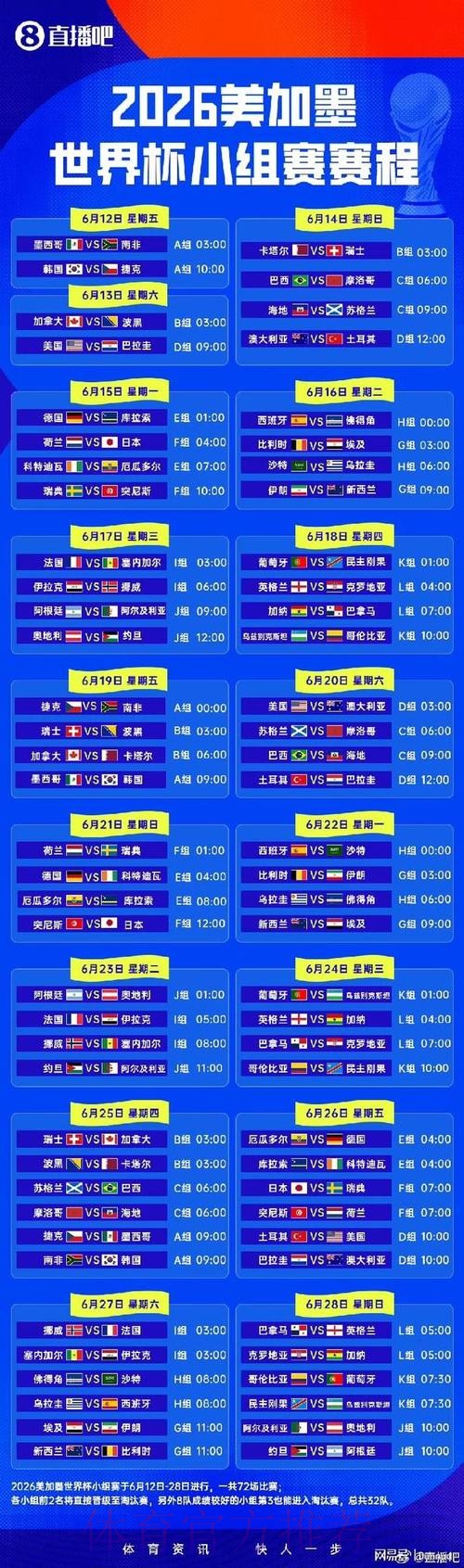 2026世界杯小组赛赛程高清版比赛时间表在哪里看